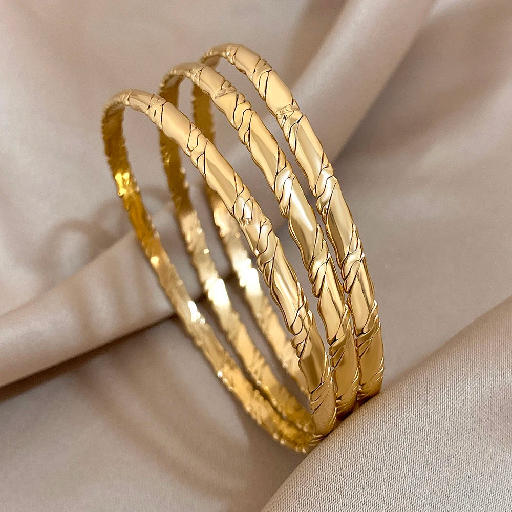 3Pcs Gold Color Stainless Steel Bangle Set for Women – Plain Circle Stackable Cuff Bracelets