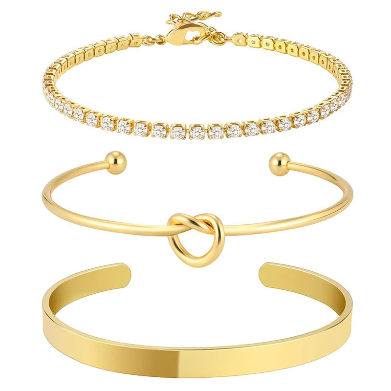 3pcs Gold Plated Stainless Steel Zircon Bangle Set